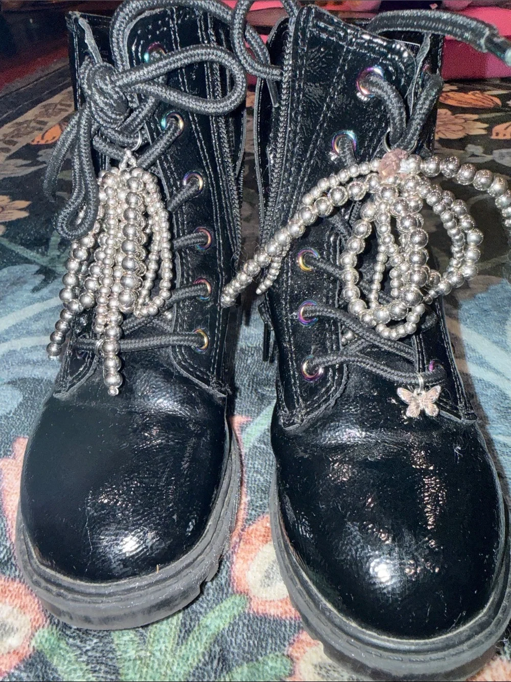 GAP Black Patent Kids Combat Boots with Silver Bead Tassels